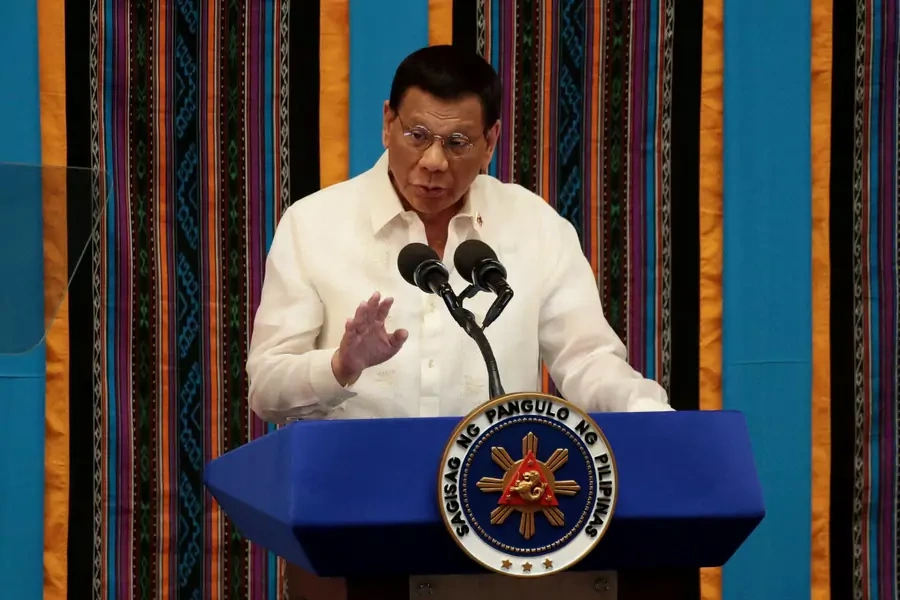 Philippine President Rodrigo Duterte gestures during his fourth State of the Nation Address at the Philippine Congress in Quezon City, Metro Manila, Philippines on July 22, 2019.