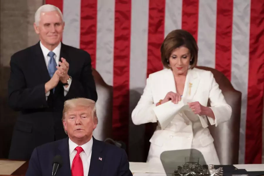 Speaker of the House Nancy Pelosi (D-CA) rips up U.S. President Donald Trump's speech alongside Vice President Mike Pence following the State of the Union address.