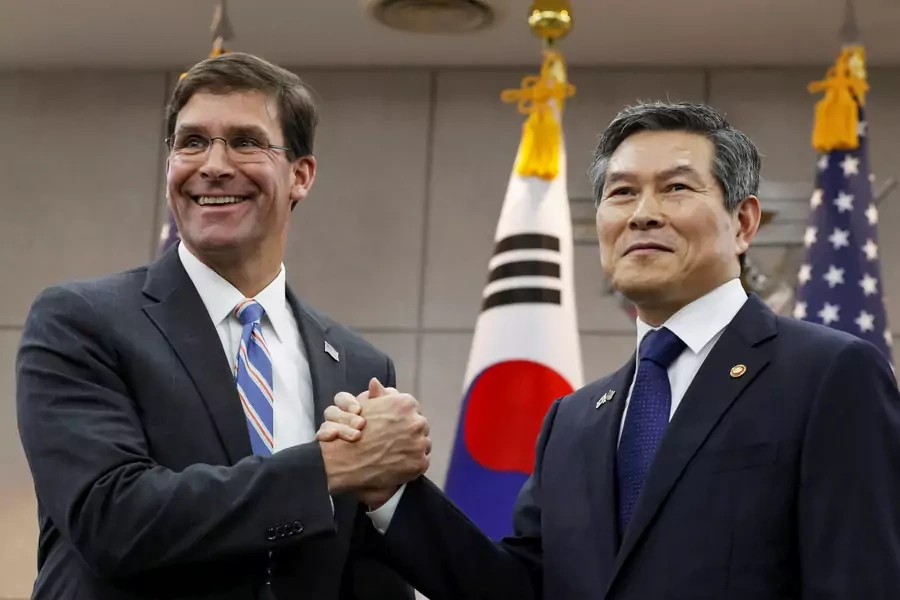 U.S. Defense Secretary Mark Esper and South Korean Defense Minister Jeong Kyeong-doo pose ahead of a meeting at the Defense Ministry in Seoul, South Korea, on August 9, 2019. 