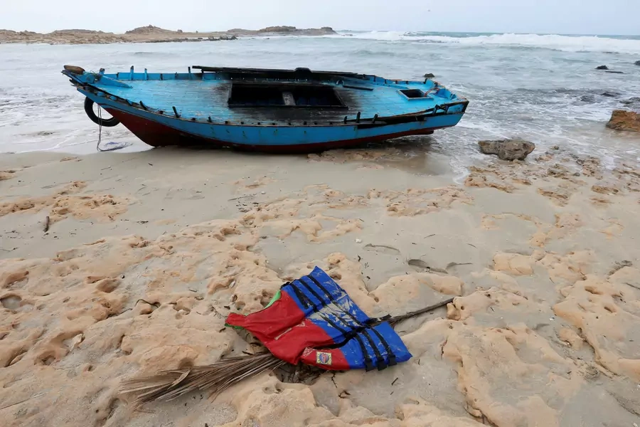 A boat used by migrants near the town of Sabratha, Libya, on March 19, 2019. 