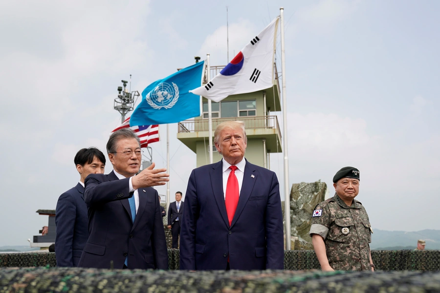 U.S. President Donald J. Trump and South Korean President Moon Jae-in visit the demilitarized zone separating the two Koreas, in Panmunjom, South Korea, on June 30, 2019. 