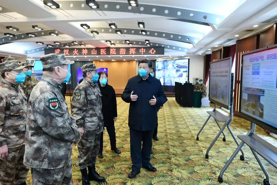 Chinese President Xi Jinping learns about the hospital's operations, treatment of patients, protection for medical workers and scientific research at the Huoshenshan Hospital in Wuhan, the epicenter of the novel coronavirus outbreak, Hubei province, China