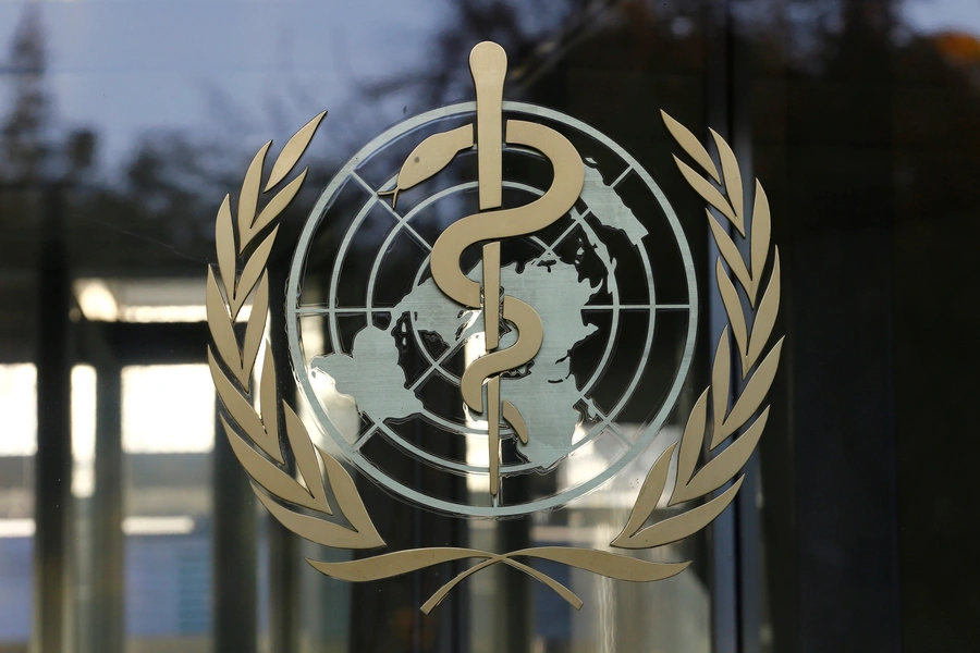 A logo is pictured on the World Health Organization (WHO) headquarters.