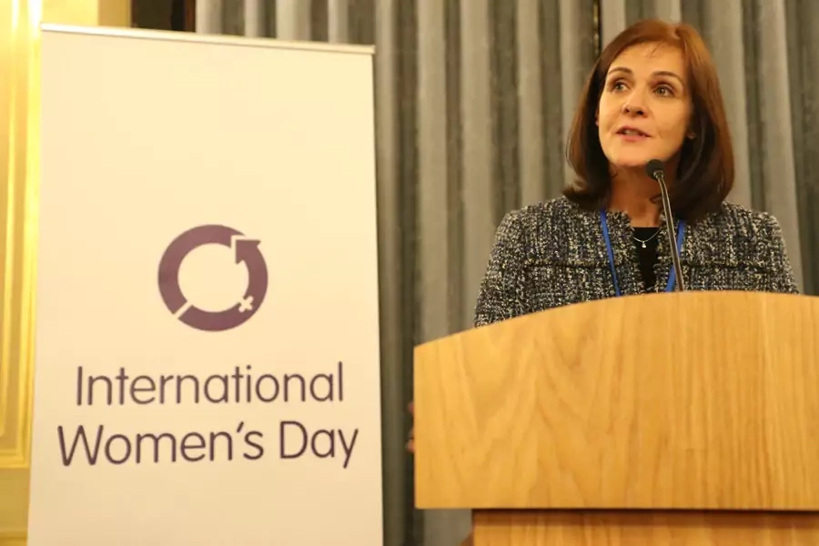 Joanna Roper, Special Envoy Women and Girls speaking at an International Women's Day event in London, 2017.