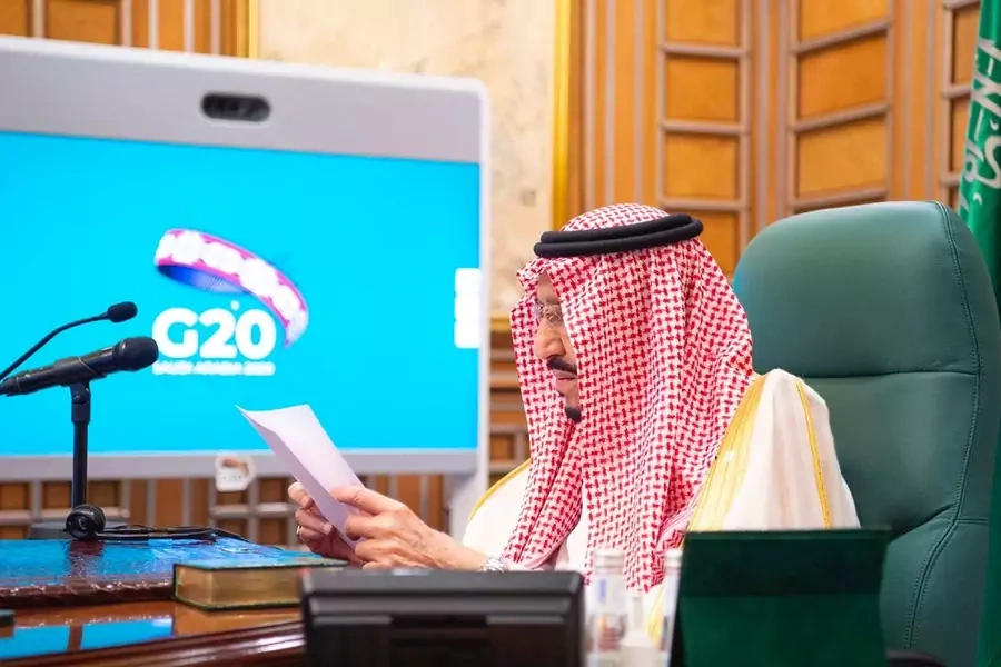 Saudi King Salman bin Abdulaziz speaks via video link during a virtual G20 summit on coronavirus disease (COVID-19), in Riyadh, Saudi Arabia, on March 26, 2020.