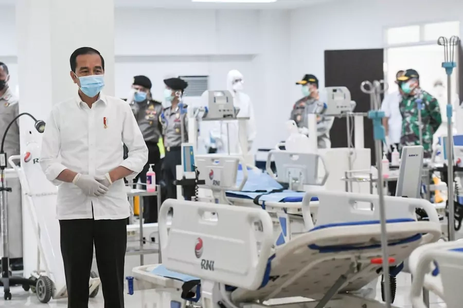 Indonesia's President Joko Widodo takes a look at the emergency hospital handling of COVID-19 in Kemayoran Athletes Village, to prevent the spread of coronavirus disease in Jakarta, Indonesia on March 23, 2020.