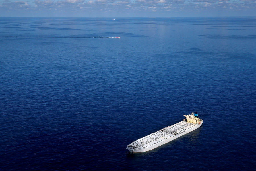 The Suezmax sized oil tanker Karvounis lies at anchor south of Port Fourchon, Louisiana, U.S.