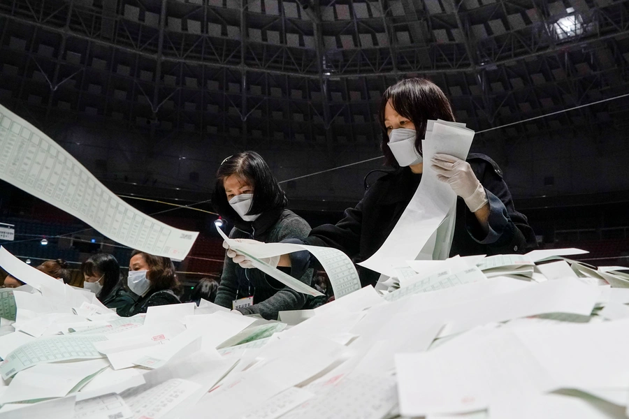 National Election Commission officials count ballots for the parliamentary elections, amid the COVID-19 outbreak, in Seoul, South Korea, on April 15, 2020.