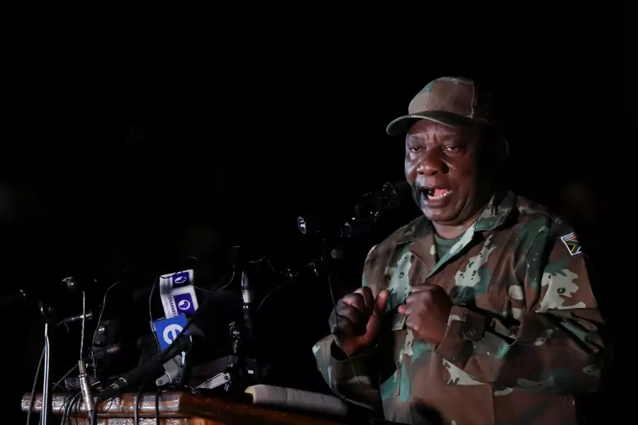 South African President Cyril Ramaphosa addresses members of the South African Defense Force before their deployment ahead of a nationwide lockdown for three weeks to try to contain the coronavirus disease outbreak, in Johannesburg, March 26, 2020.