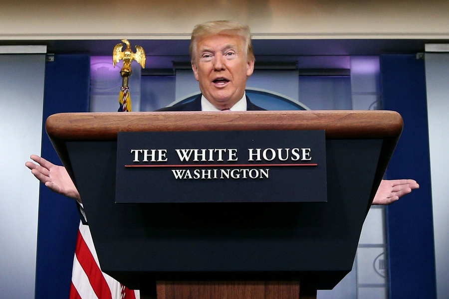 U.S. President Donald J. Trump speaks during the coronavirus response daily briefing at the White House in Washington, DC, on April 10, 2020. 