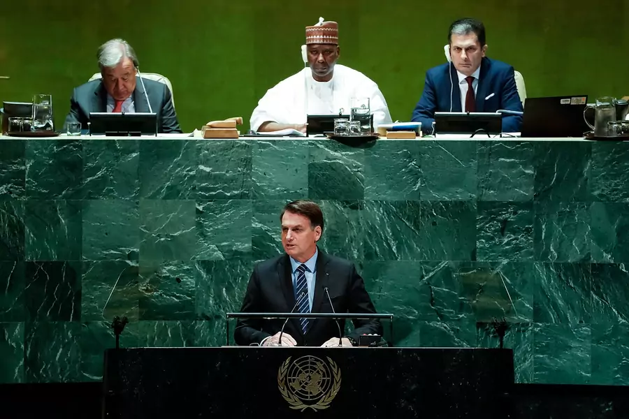 Brazilian President Jair Bolsonaro delivers a speech to the United Nations General Assembly in September of 2019.