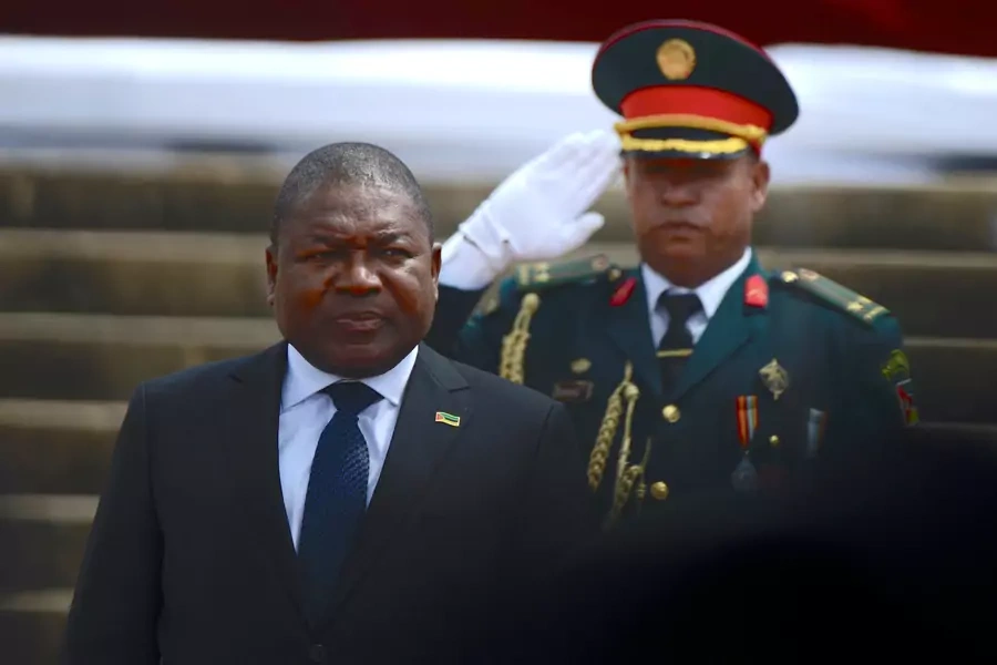 Mozambique's President Filipe Nyusi is saluted as he is sworn-in for a second term in Maputo, Mozambique, on January 15, 2020.