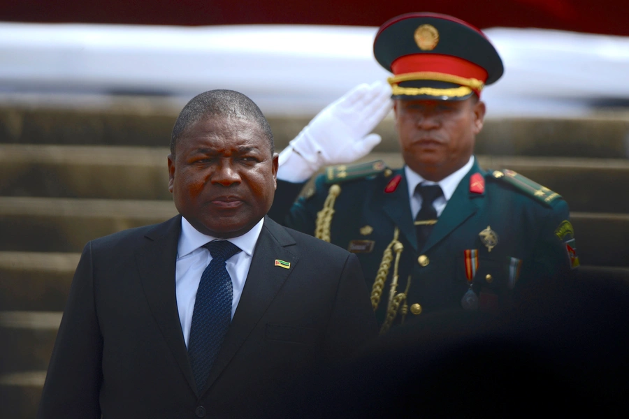 Mozambique's President Filipe Nyusi is saluted as he is sworn-in for a second term in Maputo, Mozambique, on January 15, 2020.