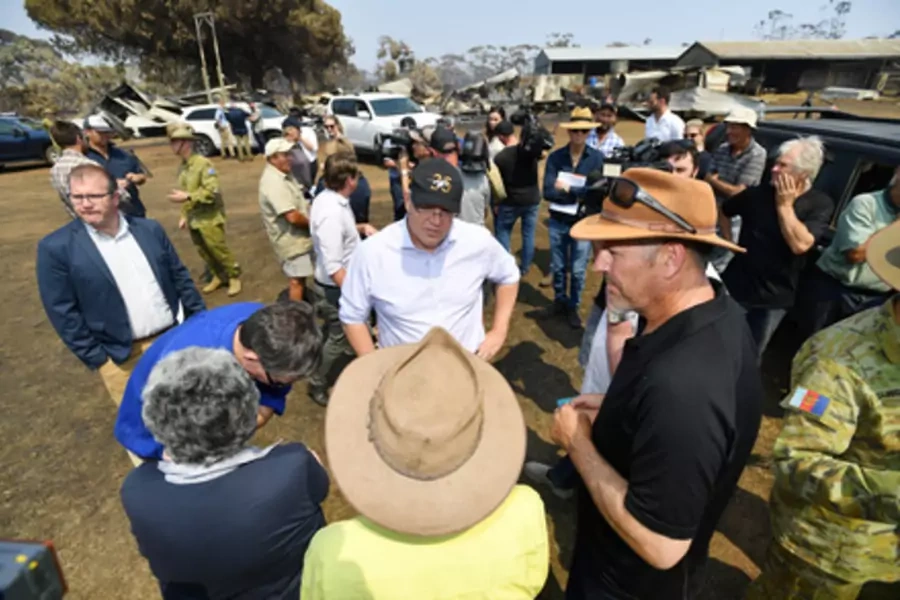 Australian Prime Minister Scott Morrison is seen visiting a fire-damaged property on Stokes Bay on Kangaroo Island, southwest of Adelaide, Australia, on January 8, 2020.