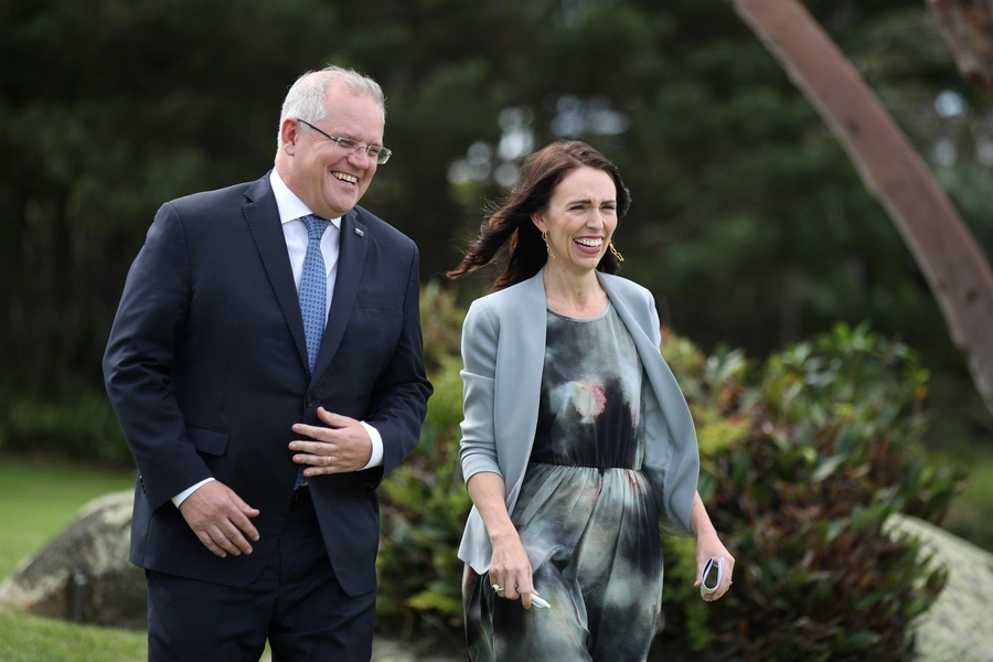New Zealand Prime Minister Jacinda Ardern and Australian Prime Minister Scott Morrison arrive together for a joint press conference at Admiralty House in Sydney, Australia, on February 28, 2020