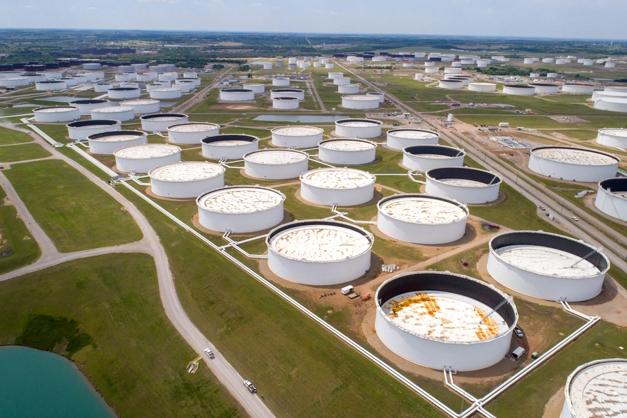 Crude oil storage tanks are seen in an aerial photograph at the Cushing oil hub in Cushing, Oklahoma, U.S. April 21, 2020.