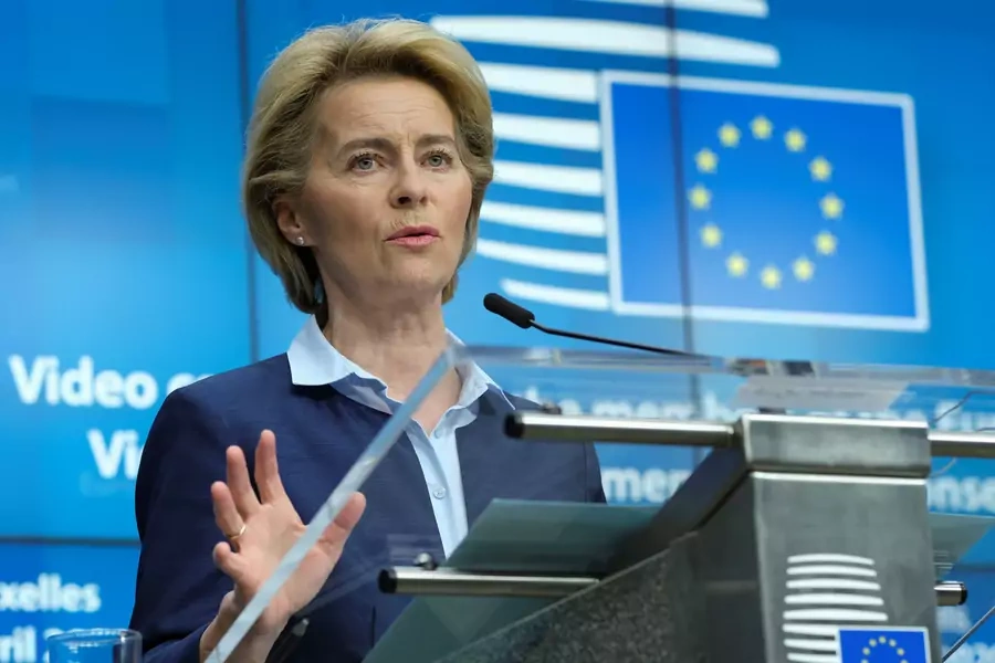 European Commission President Ursula von der Leyen speaks in Brussels, Belgium, on April 23, 2020.