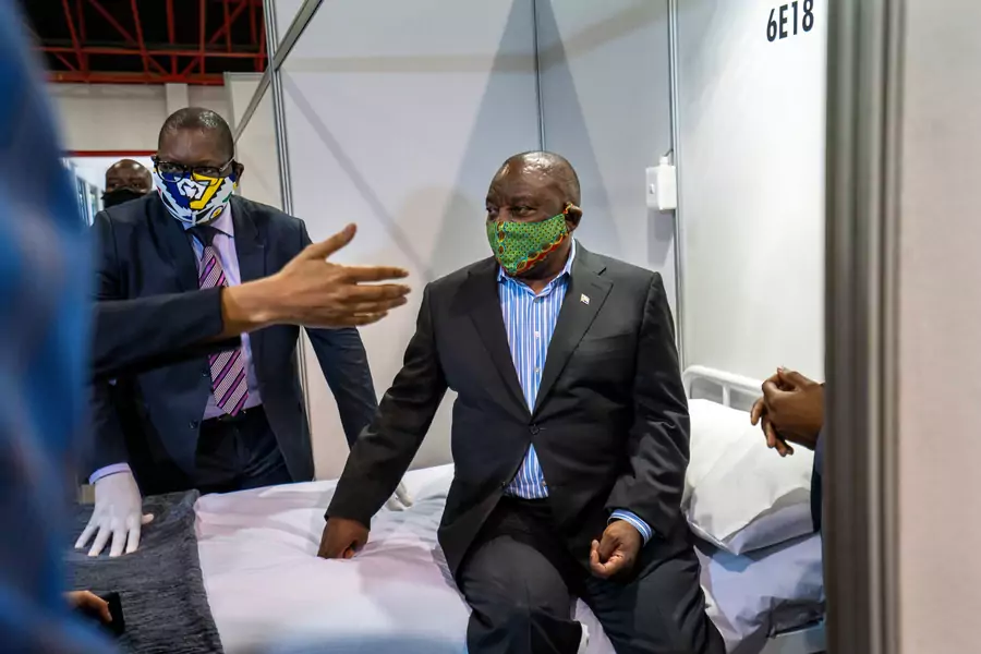 South African President Cyril Ramaphosa visits the coronavirus disease (COVID-19) treatment facilities at the NASREC Expo Center in Johannesburg, South Africa, on April 24, 2020.