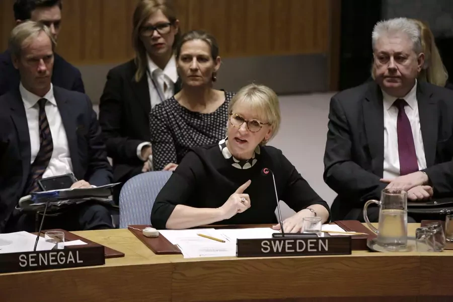 Sweden’s Foreign Minister Margot Wallstrom addresses the UN Security Council Open Debate on Women, Peace, and Security, on October 27, 2017.