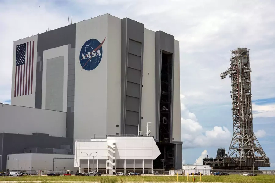 NASA rolls back the the Artemis launch tower from Pad 39B at the Kennedy Space Center in Cape Canaveral, Florida, on August 30, 2019. 