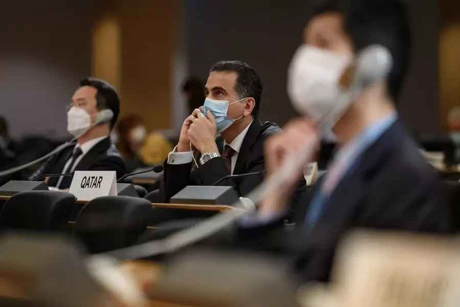 Delegates, wearing protective face masks, attend a UN Human Rights Council session during the coronavirus (COVID-19) outbreak in Geneva, Switzerland, on June 15, 2020.