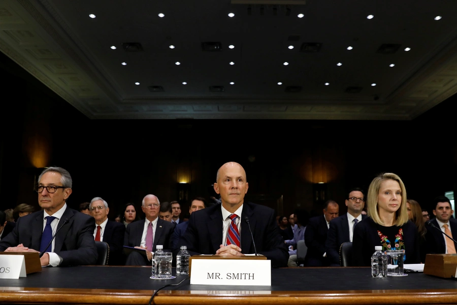 Equifax Interim CEO Paulino Barros (L), former Equifax CEO Richard Smith (C) and former Yahoo Chief Executive Marissa Mayer testify before a Senate Commerce, Science and Transportation hearing.