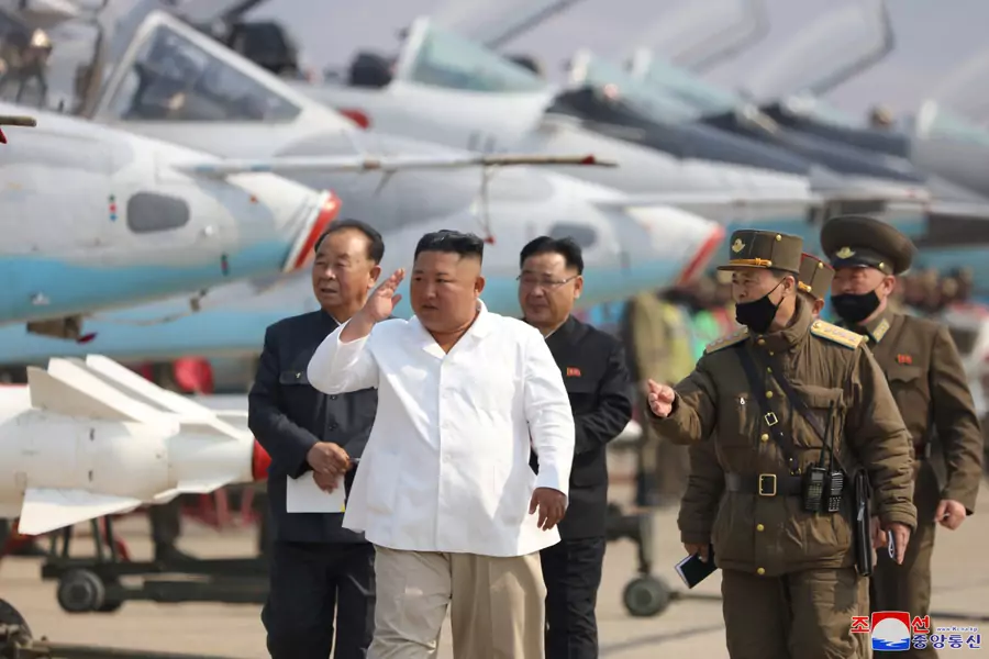 North Korean leader Kim Jong-un visits a pursuit assault plane group under the Air and Anti-Aircraft Division in western North Korea on an unknown date. 