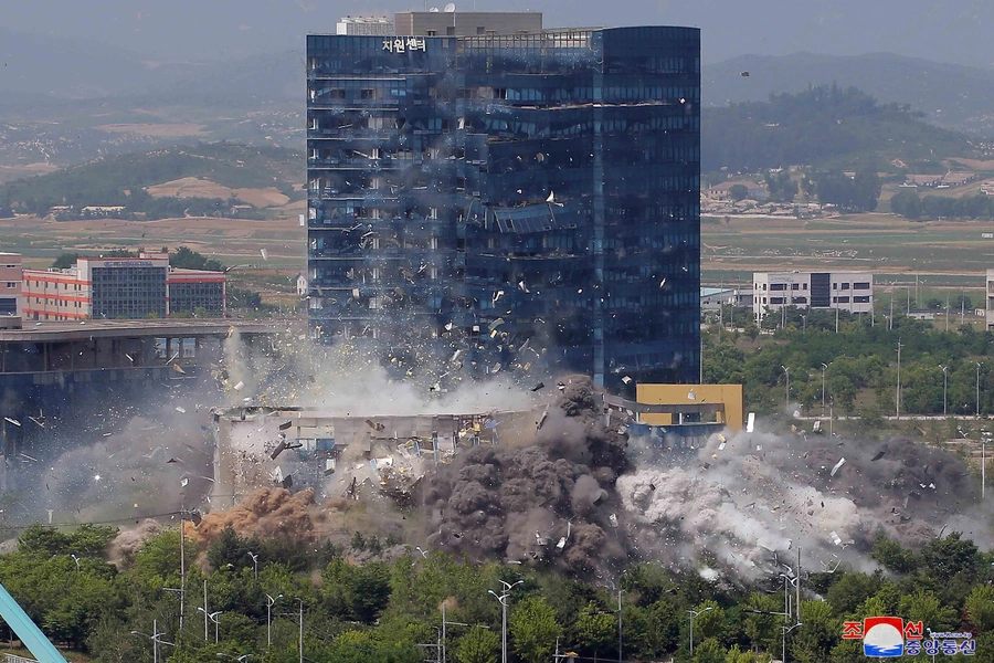 A view of the explosion of North Korea's joint liaison office with South Korea in the border town of Kaesong, North Korea in this picture supplied by North Korea's Korean Central News Agency (KCNA) on June 16, 2020. 