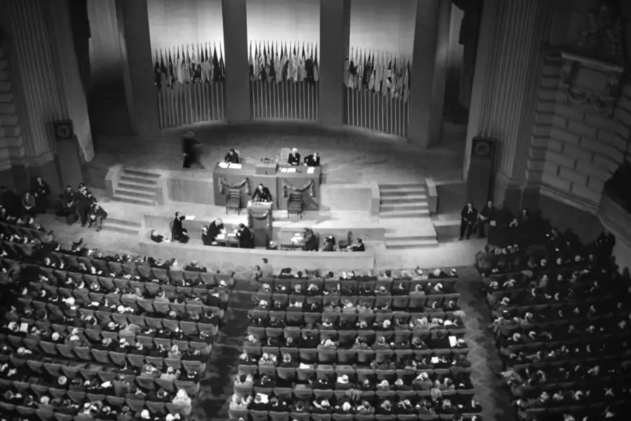 Delegates to the UN Charter Conference meet in San Francisco, CA, on June 26, 1945.