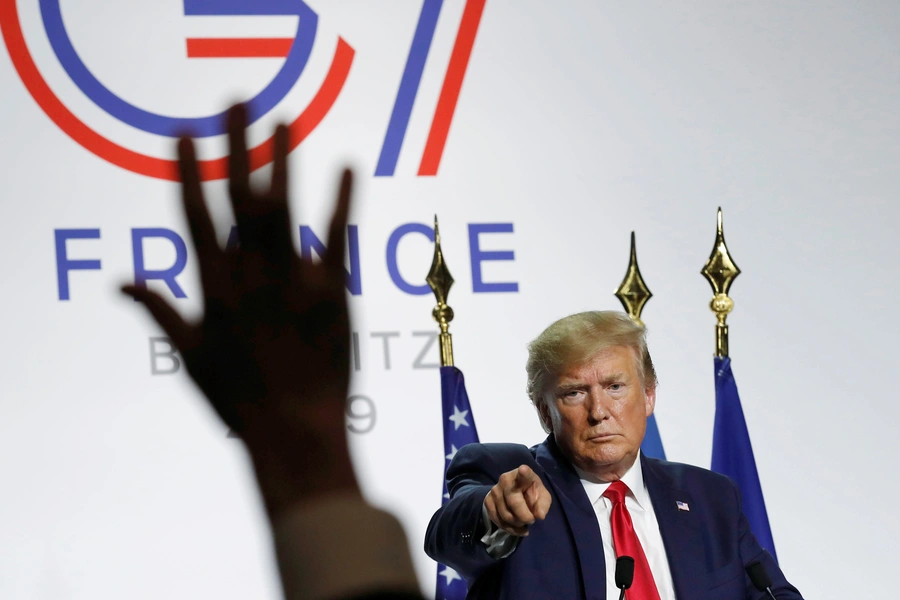 U.S. President Donald J. Trump gestures during a news conference at the G7 summit in Biarritz, France, on August 26, 2019.