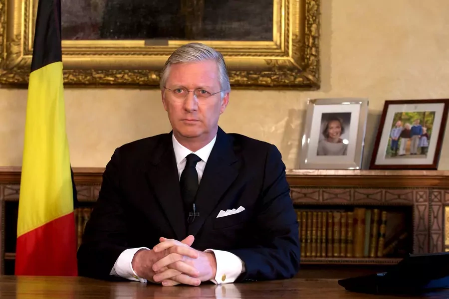 Belgian King Philippe, on March 22, 2016, delivers a speech from Brussels Royal Palace following bomb attacks in Brussels and Belgium's National airport of Zaventem, Belgium.