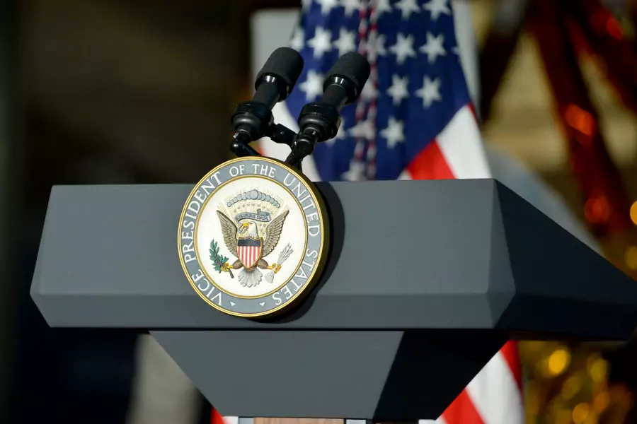 The seal of the vice president of the United States on a podium. Shannon Finney/Getty Images