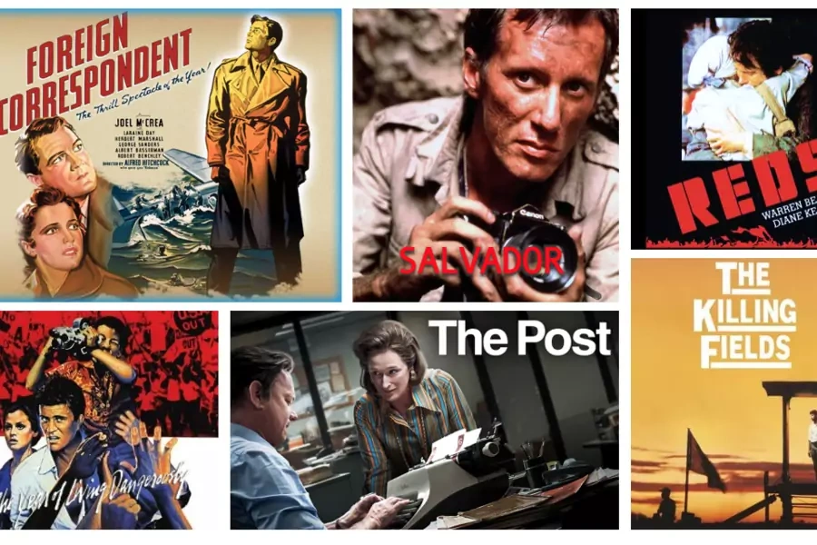 Images clockwise from top left: Foreign Correspondent/Amazon; Salvador/IMDB; Reds/Roger Ebert; The Killing Fields/Amazon; The Post/20th Century Studios; The Year of Living Dangerously/Amazon.