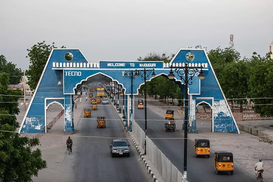 The city gate of Maiduguri along Bulumkutu road, in Borno state, Nigeria, on July 26, 2019. The aid workers were reportedly kidnapped while traveling on a road to Maiduguri, the Borno state capital.