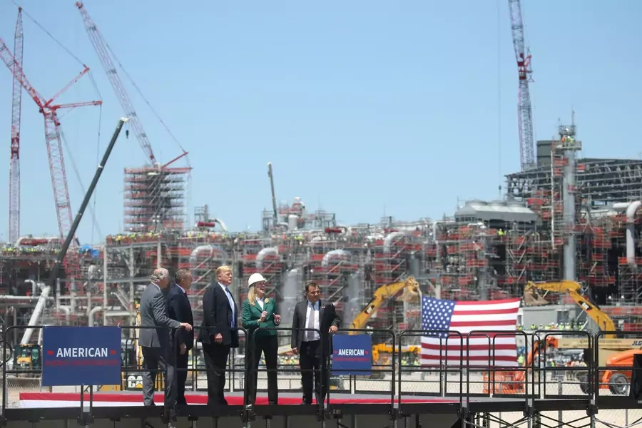 U.S. President Donald Trump appears before workers at Cameron LNG (Liquid Natural Gas) Export Facility in Hackberry, Louisiana, U.S., May 14, 2019.