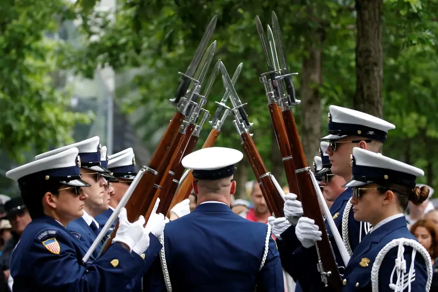 Coast Guard Honor Guard members stand at attention during a ceremony in New York City in May 2017. Brendan McDermid/REUTERS