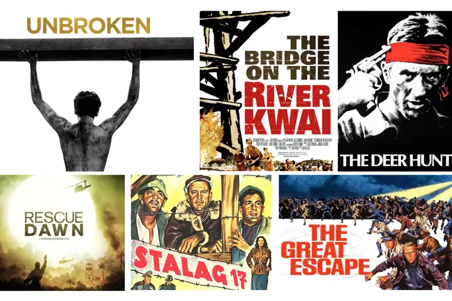 Images clockwise from the top left: Unbroken/Amazon; The Bridge on the River Kwai/Golden Globes; The Deer Hunter/IMDB; The Great Escape/ABC; Stalag 17/History Net; Rescue Dawn/IMP Awards.
