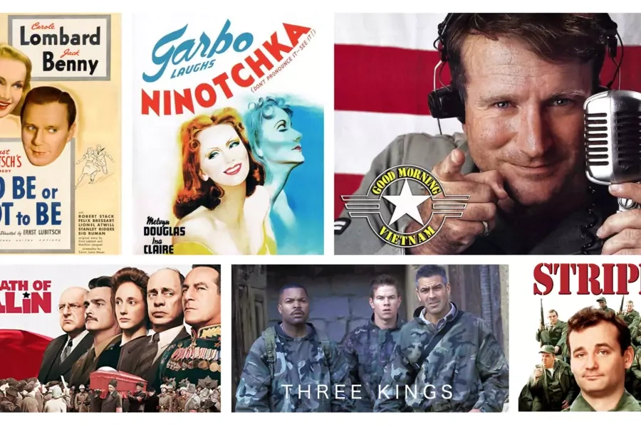 Images clockwise from the top left: To Be or Not to Be/Rotten Tomatoes; Ninotchka/IMDB; Good Morning, Vietnam/Amazon; Stripes/TV Guide; Three Kings/Rotten Tomatoes; The Death of Stalin/Amazon. 