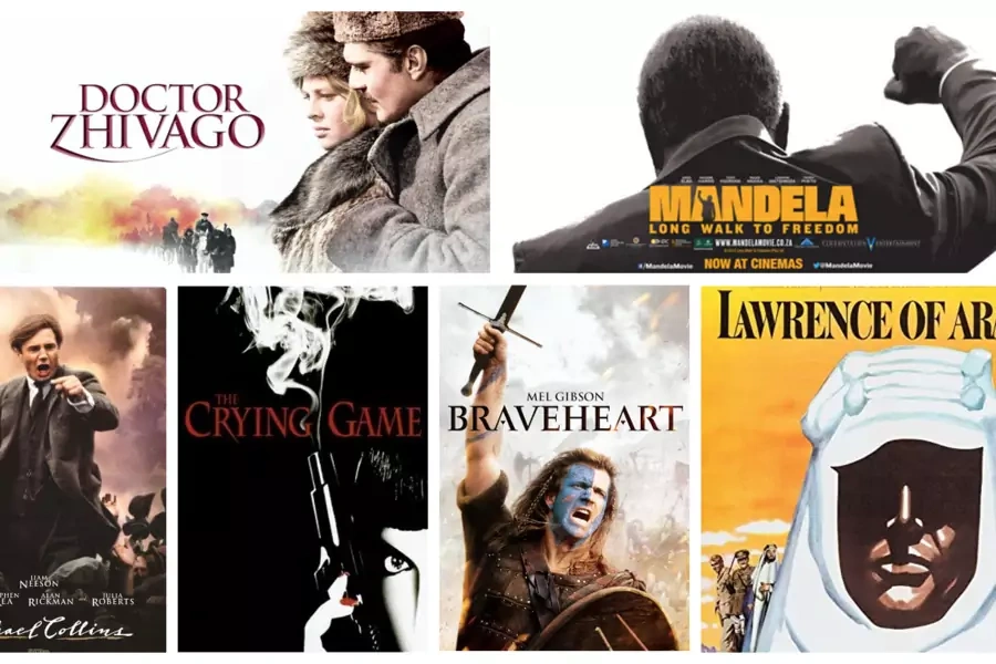Images clockwise from top left: Doctor Zhivago/Roger Ebert; Mandela/People’s World; Lawrence of Arabia/Amazon; Braveheart/Google Play; The Crying Game/CineMaterial; Michael Collins/Amazon. 
