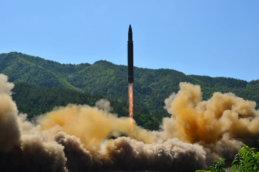 The intercontinental ballistic missile Hwasong-14 is seen during its test.