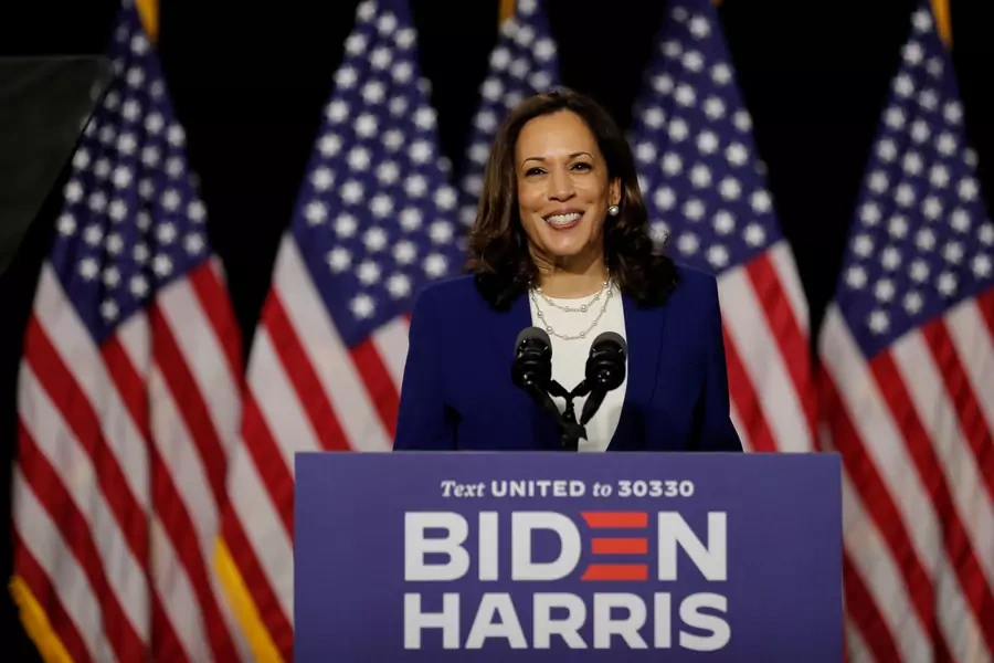 Democratic vice presidential candidate Senator Kamala Harris speaks at a campaign event.