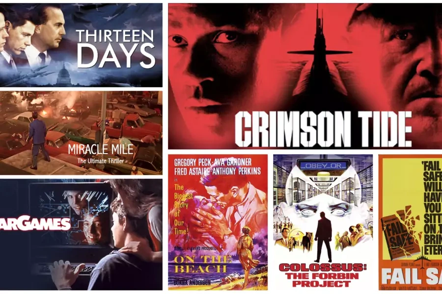 Images clockwise from the top left: Thirteen Days/Rotten Tomatoes; Crimson Tide/Amazon; Fail Safe/IMDB; Colossus: The Forbin Project/TMDB; On the Beach/CineMaterial; WarGames/Amazon; Miracle Mile/YouTube.