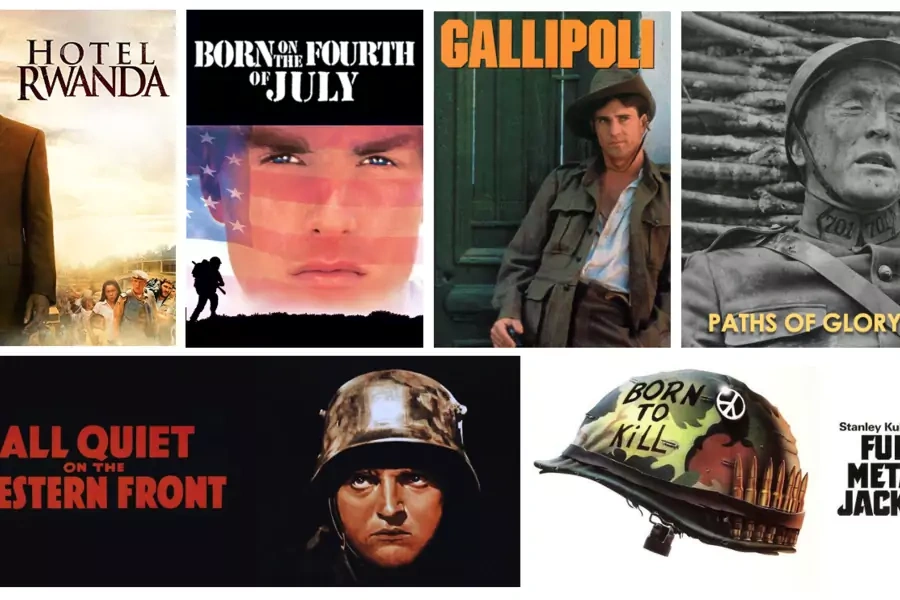 Images clockwise from the top left: Hotel Rwanda/Amazon; Born on the Fourth of July/TV Guide; Gallipoli/IMDB; Paths of Glory/Amazon; Full Metal Jacket/TV Guide; All Quiet on the Western Front/IMDB