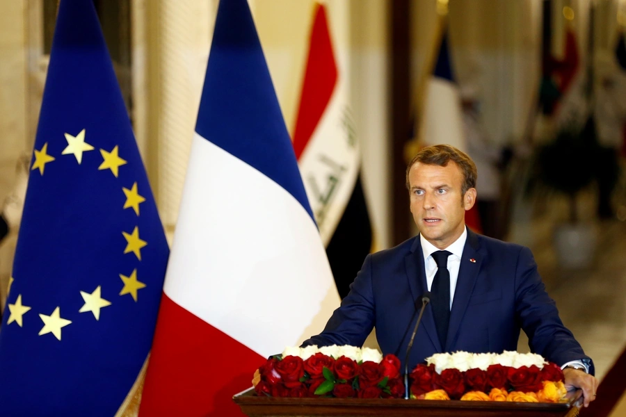 French President Emmanuel Macron speaks during a news conference with Iraq's President Barham Salih (not pictured), in Iraq on September 2, 2020.