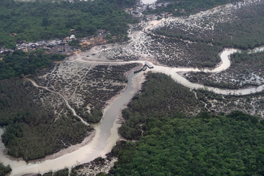 An overview of the Niger Delta where signs of oil spills can be seen in the water, in Port Harcourt, Nigeria on August 1, 2018.