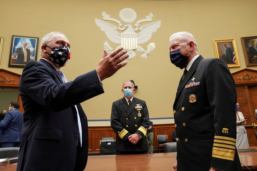 U.S. House of Representatives Minority Whip Steve Scalise (R-LA) talks with Pentagon Supply Chain Stabilization Task Force Vice Director of Logistics Rear Admiral John Polowczyk.