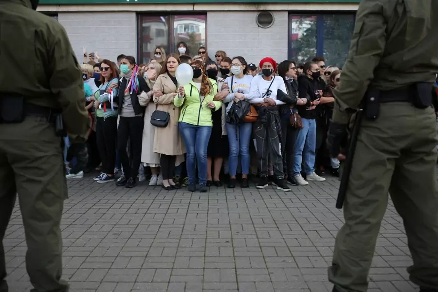 Women surrounded by Belarusian law enforcement officers during an opposition rally to protest the presidential election results in Minsk, Belarus. September 19, 2020.