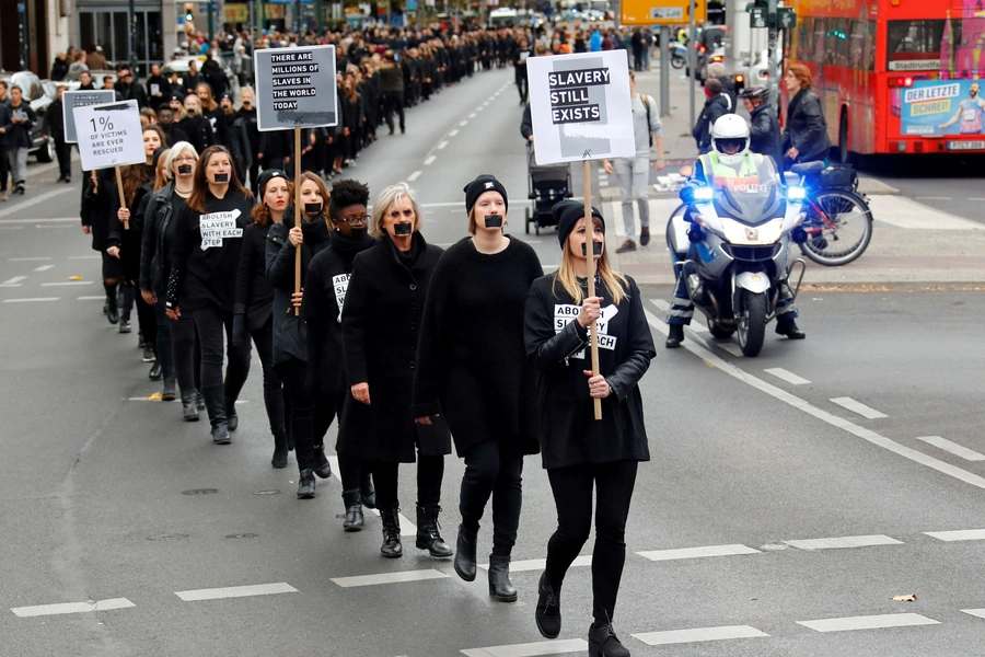 Protesters demonstrate against human trafficking in Berlin.