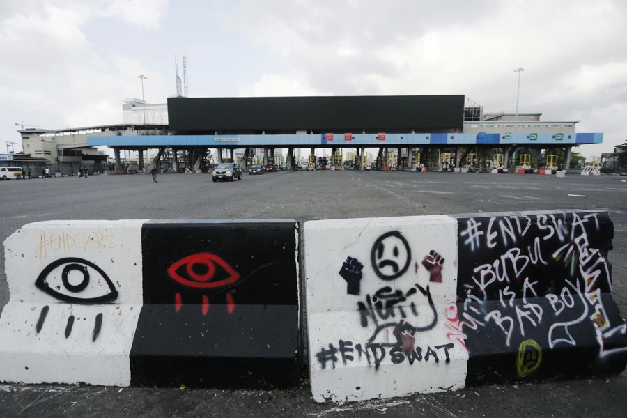 A view shows a road blockade at the Lekki toll gate, as Nigeria's Lagos State eases a round-the-clock curfew imposed in response to protests against alleged police brutality, after days of unrest, in Lagos, Nigeria on October 24, 2020.