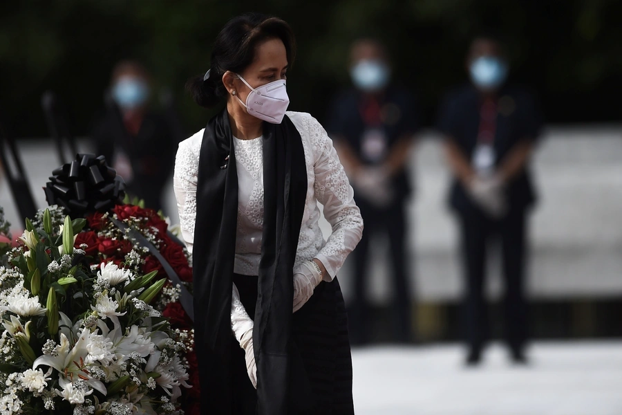 Myanmar State Counsellor and Foreign Minister Aung San Suu Kyi leaves after paying her respects to her late father during a ceremony to mark the 73rd anniversary of Martyrs' Day in Yangon on July 19, 2020.
